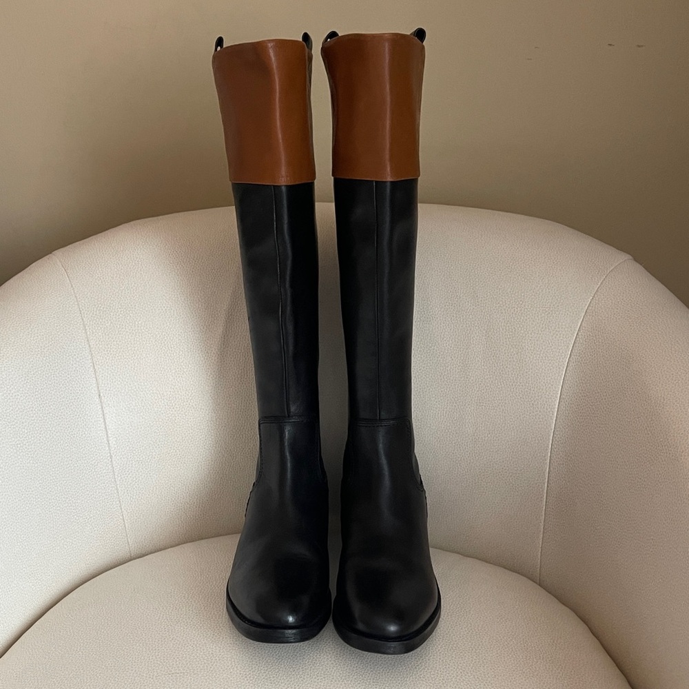 NEW Franco Sarto Meyer Knee High Boots TwoTone Black and Brown Tall Riding Boots - Picture 4 of 12